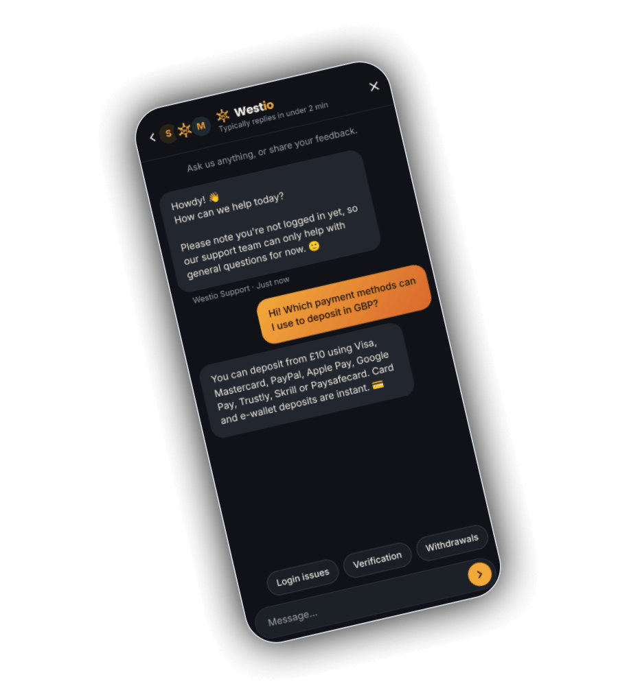 Westio support chat on a phone with the note Typically replies in under 2 min, a greeting that says support can only help with general questions until you log in, a question asking which payment methods can be used to deposit in GBP, a reply listing Visa, Mastercard, PayPal, Apple Pay, Google Pay, Trustly, Skrill and Paysafecard from £10, and quick replies for Login issues, Verification and Withdrawals