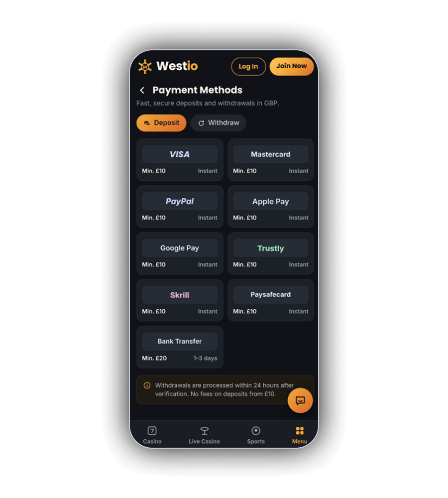 Westio Payment Methods screen on a phone with the line Fast, secure deposits and withdrawals in GBP, Deposit and Withdraw tabs, tiles for Visa, Mastercard, PayPal, Apple Pay, Google Pay, Trustly, Skrill and Paysafecard at a £10 minimum and instant, Bank Transfer at £20 in 1 to 3 days, and a note that withdrawals are processed within 24 hours after verification with no fees on deposits from £10