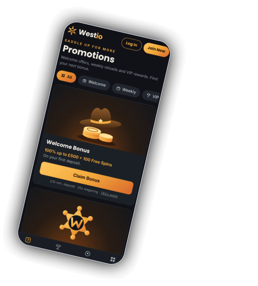 Westio Promotions screen on a phone with the kicker Saddle up for more, filters All, Welcome, Weekly and VIP, a Welcome Bonus card for 100% up to £500 plus 100 Free Spins on your first deposit with a Claim Bonus button and the small print £10 min. deposit, 35x wagering, T&Cs apply, and a sheriff star badge on the next card