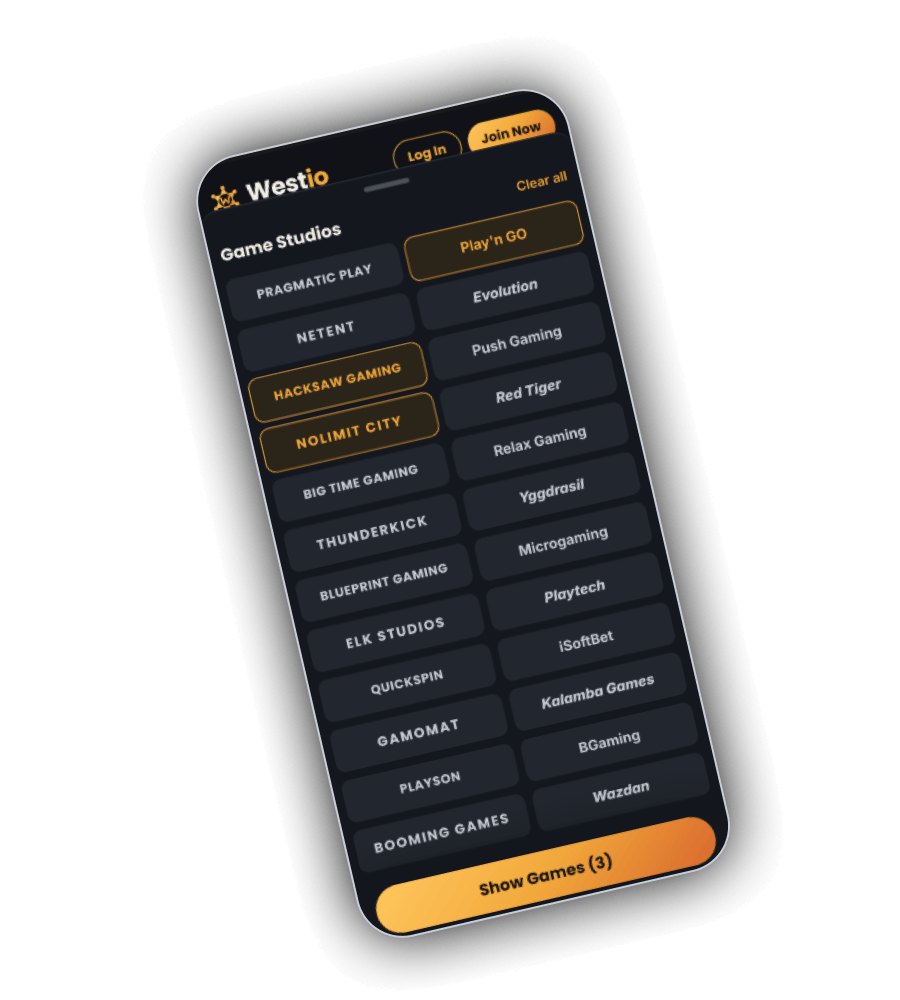 Westio Game Studios filter sheet on a phone with a Clear all link, two columns of studio buttons from Pragmatic Play and Play'n GO down to Booming Games and Wazdan, three selected in amber for Play'n GO, Hacksaw Gaming and Nolimit City, and a Show Games (3) button at the bottom