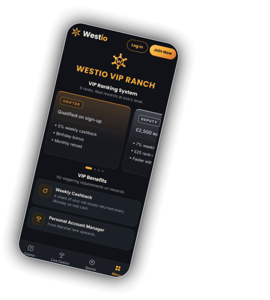 Westio VIP Ranch screen on a phone with the title Westio VIP Ranch, VIP Ranking System with 8 ranks, a Drifter card qualified on sign up with 5% weekly cashback, birthday bonus and monthly reload, a partly visible Deputy card at £2,500 wagered with 7% weekly cashback, and VIP Benefits for Weekly Cashback every Monday as real cash and a Personal Account Manager from Marshal rank